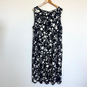 Talbots A Line Floral Midi Dress 2X Black White Sleeveless Stretch Jersey Knit